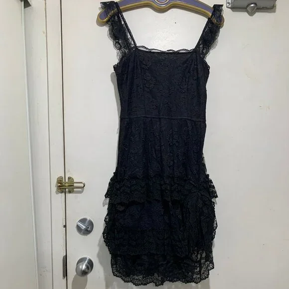 VINTAGE NU-MODE SLIM FIT SLEEVELESS RUFFLE LACE LITTLE BLACK DRESS SIZE S - Picture 7 of 12